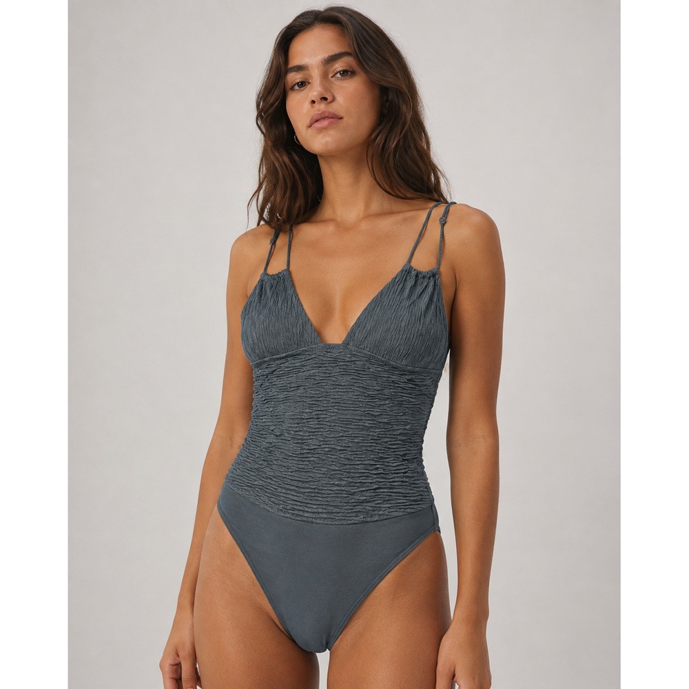 Urban Outfitters Out From Under Textured V-Neck Bodysuit in Blue/Green/Grey XS